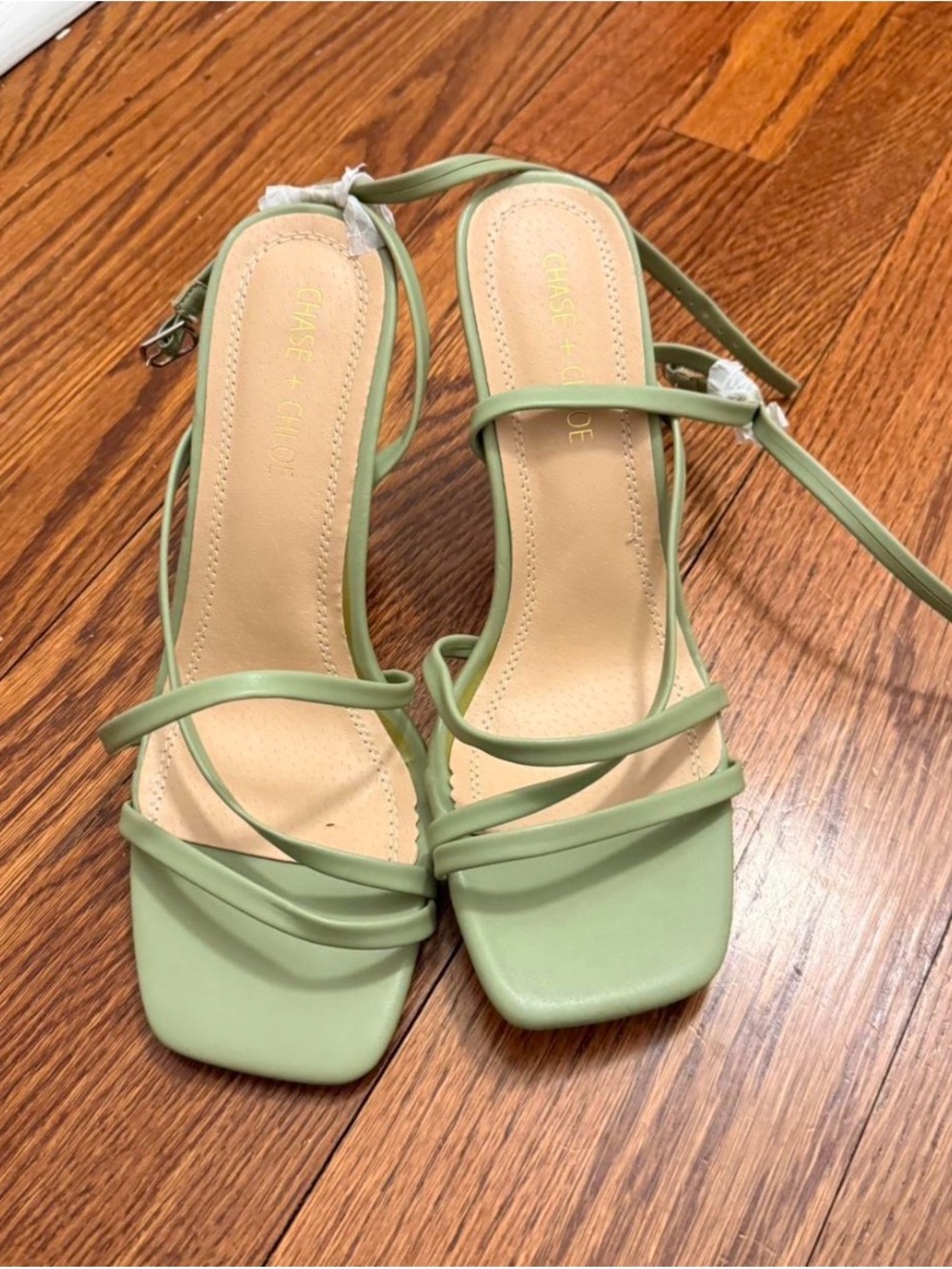 Chase + Chloe Light Sage Green Strappy Square-Toe Heels